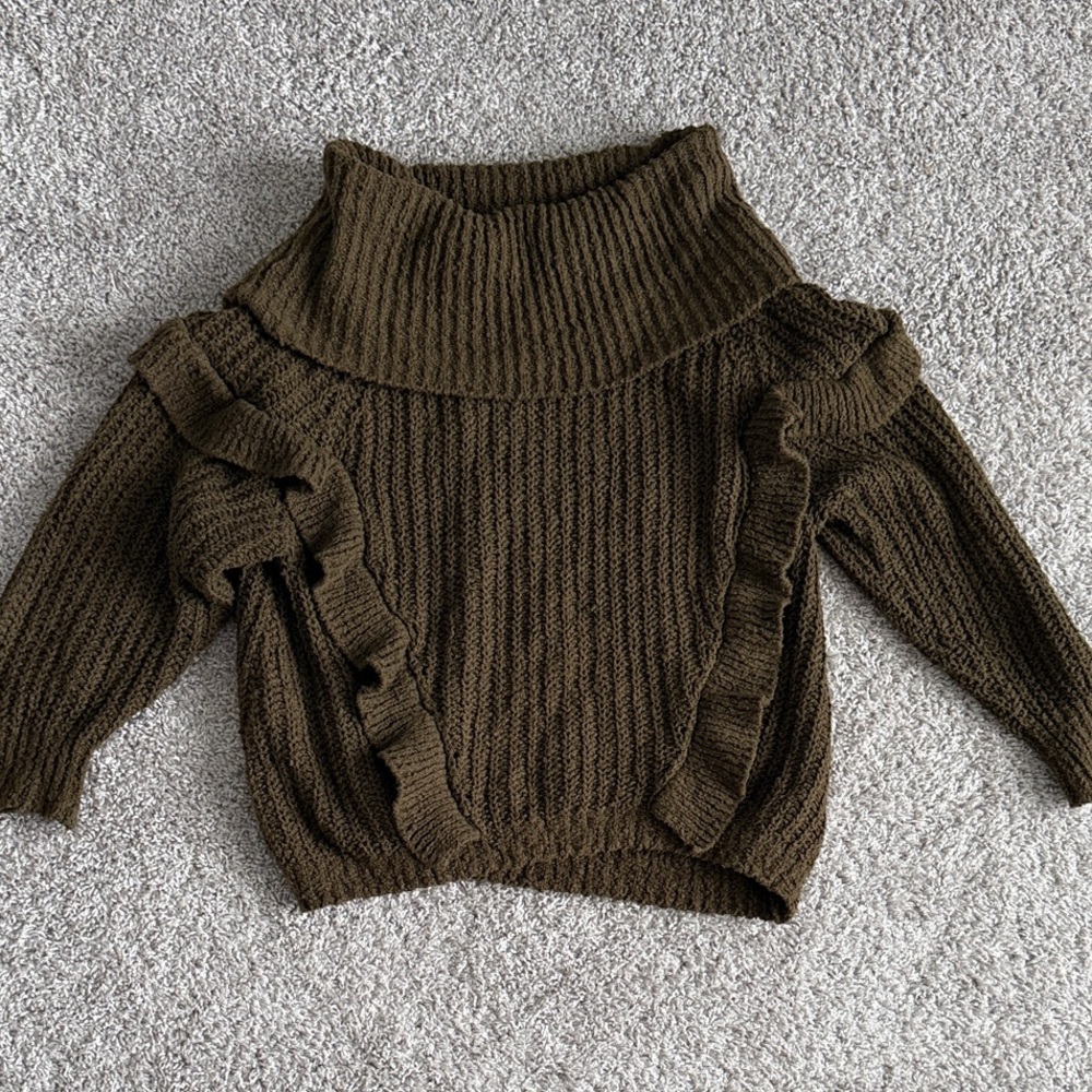 Express Ruffle Knit Wide-Neck Off-the-Shoulder Sweater in Olive Green